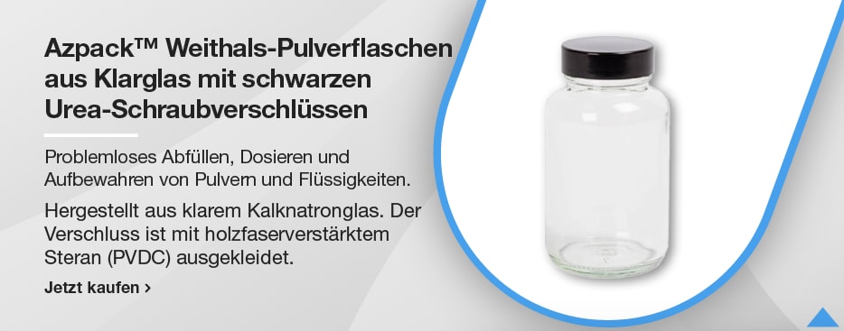 Azpack™ Weithals-Pulverflaschen aus Klarglas mit schwarzen Urea-Schraubverschlüssen